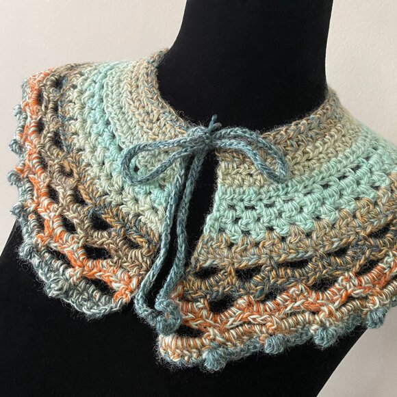 Handmade Crochet Blue Orange Multicolour Wool Blend Collar Neckwear Accessory - Picture 2 of 6